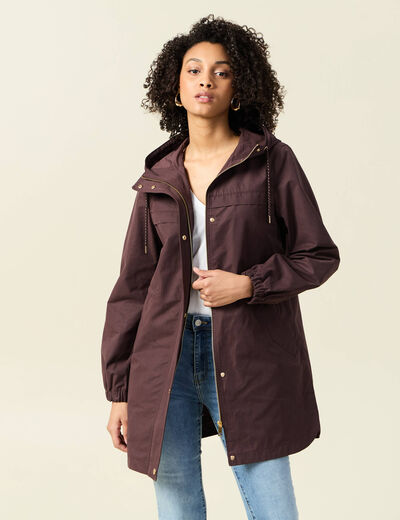 Parka longue à capuche marron foncé femme