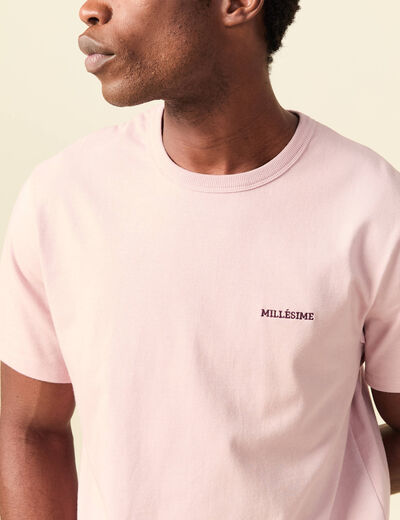 T-shirt col rond manches courtes brod&eacute; rose pastel homme