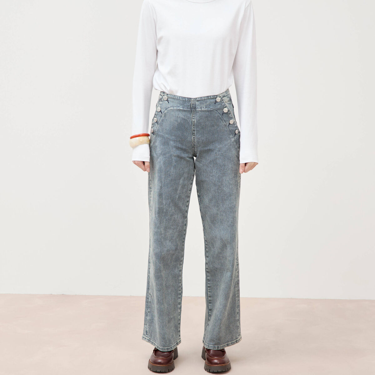 Pantalon large &agrave; pont taille haute denim used femme