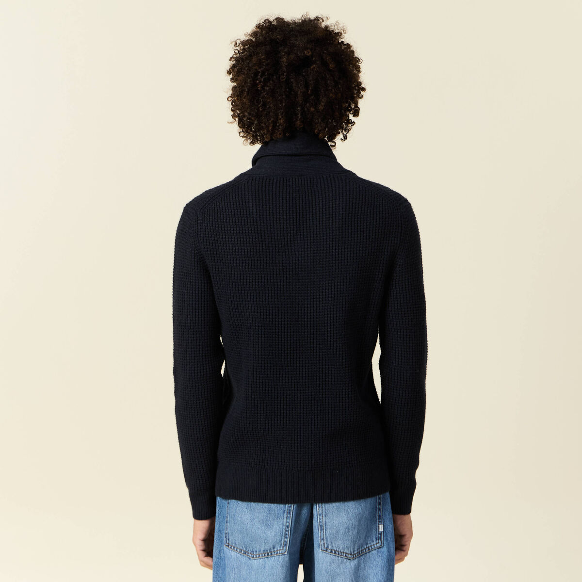 Pull manches longues col châle bleu marine homme