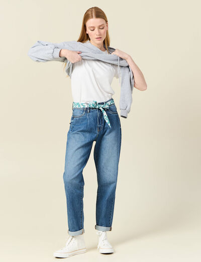 Jeans mom ceinture foulard denim stone femme