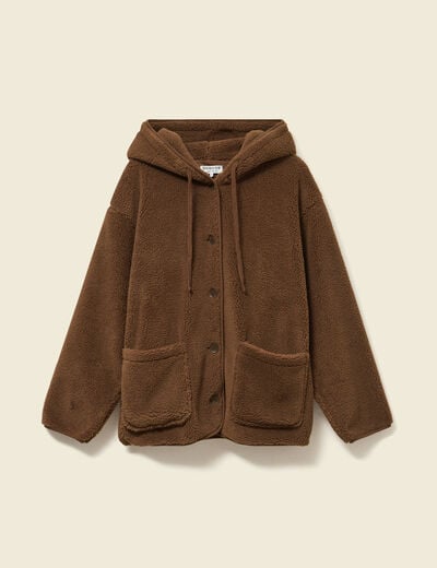 Gilet droit mi-long effet polaire marron fonc&eacute; femme