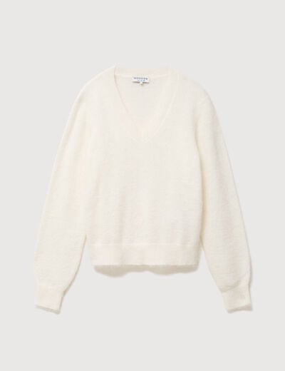 Pull droit col v manches longues ecru femme