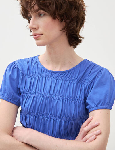 T-shirt fronc&eacute; col rond manches courtes bleu electrique femme