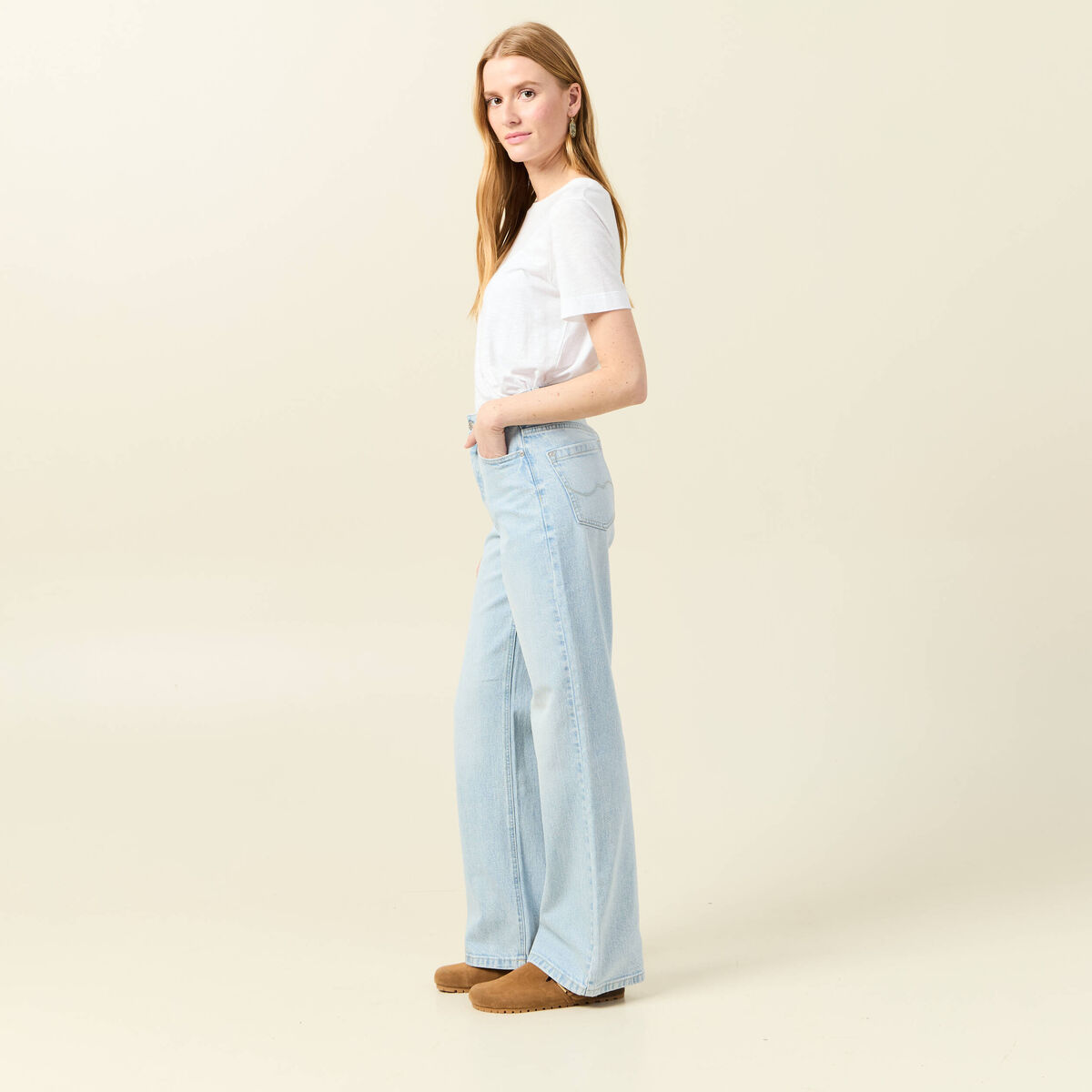 Jeans large taille haute denim bleach femme