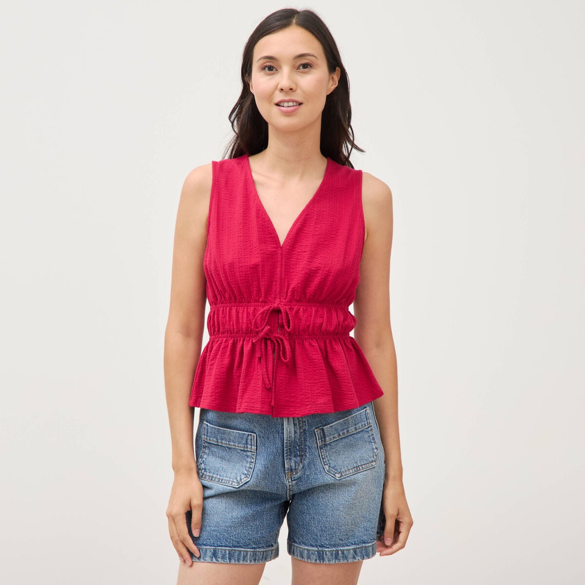 D&eacute;bardeur col v n&oelig;uds en coton rouge clair femme
