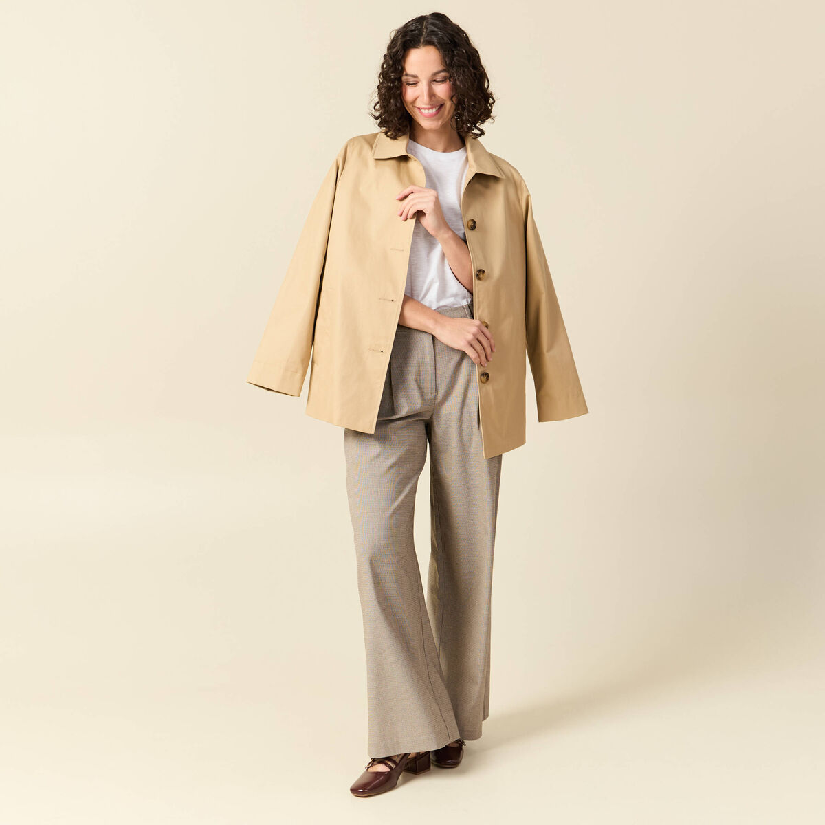 Pantalon large taille haute fluide beige femme