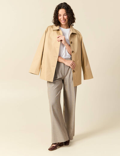 Pantalon large taille haute fluide beige femme