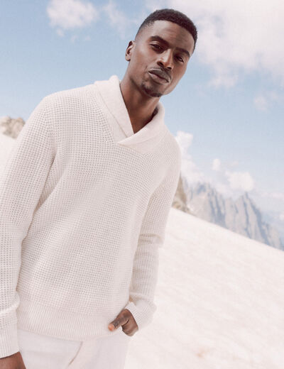 Pull manches longues col châle ecru homme