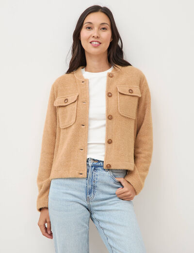Gilet droit manches longues col mao camel femme