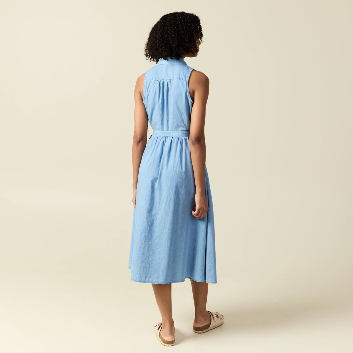 Robe longue trap&egrave;ze jean denim bleach femme