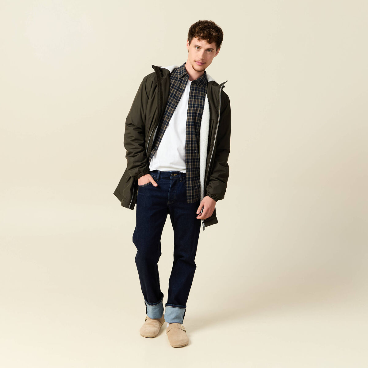 Parka longue droite &agrave; capuche vert kaki homme
