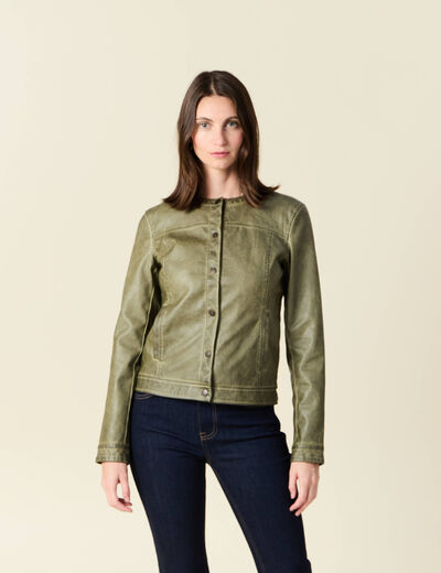 Blouson simili cuir vert kaki femme
