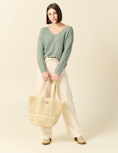Pull manches longues ajouré vert kaki femme