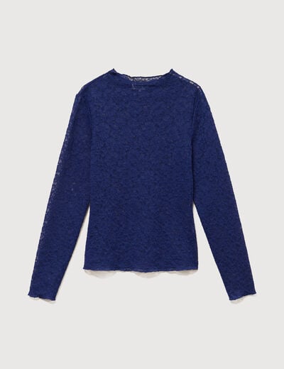 T-shirt ajust&eacute; dentelle manches longues bleu fonc&eacute; femme