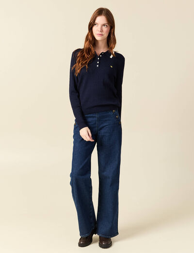 Polo avec torsade et c&oelig;ur brod&eacute; bleu marine femme