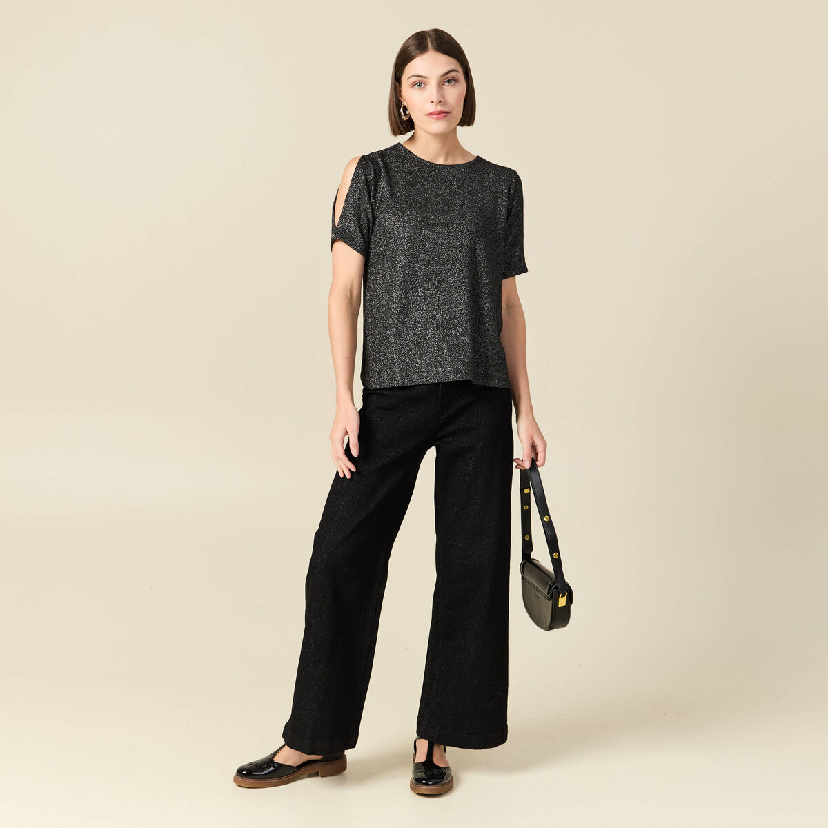 T-shirt manches courtes brillant noir femme