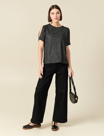 T-shirt manches courtes brillant noir femme