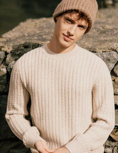 Pull col rond manches longues ecru homme