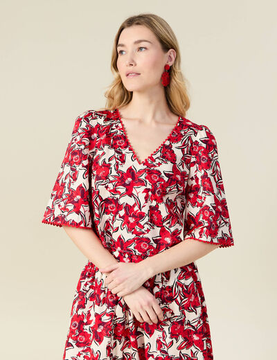 Blouse manches 3/4 rouge femme