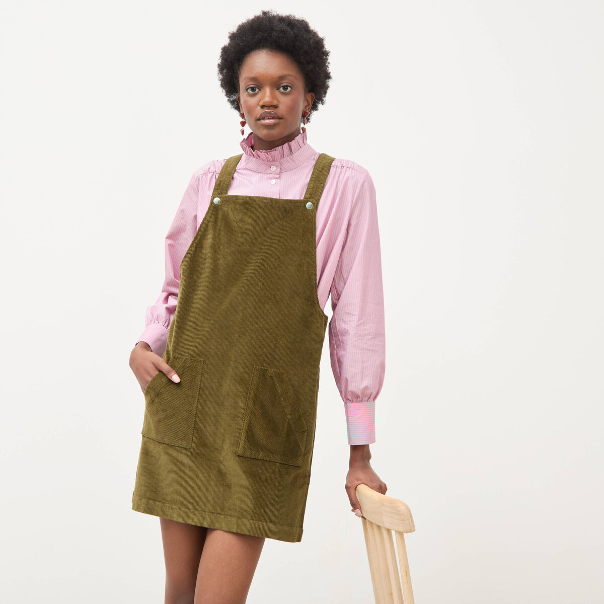Robe sans manches en velours vert olive femme