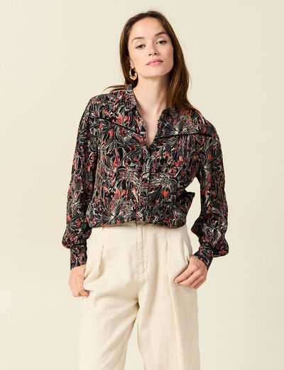 Chemise manches longues col v fluide noir femme