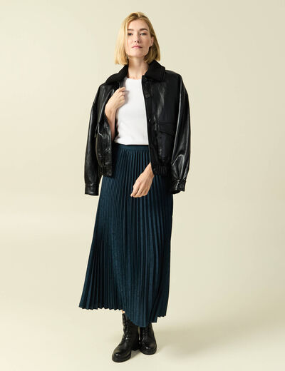 Jupe satin&eacute;e bleu canard femme