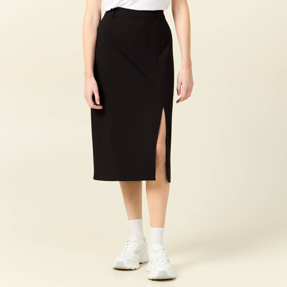 Jupe midi droite fendue noir femme