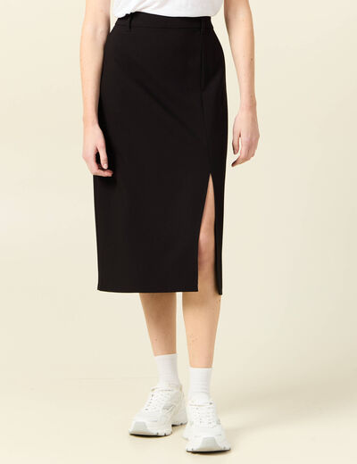 Jupe midi droite fendue noir femme