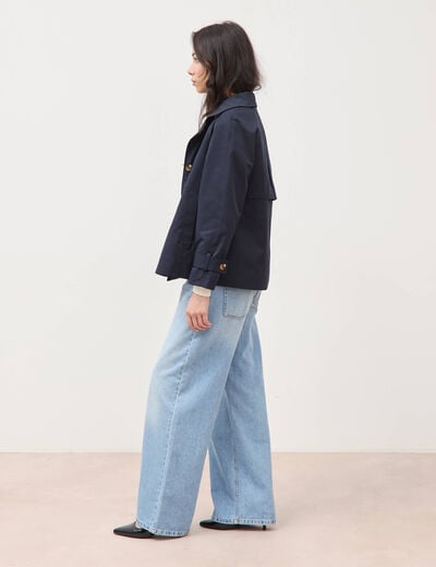 Trench droit court col montant bleu fonc&eacute; femme