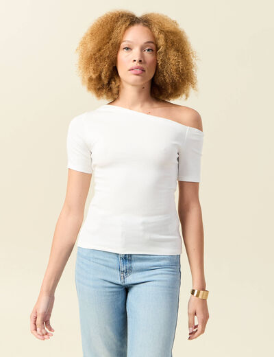 T-shirt asymétrique manches courtes ecru femme