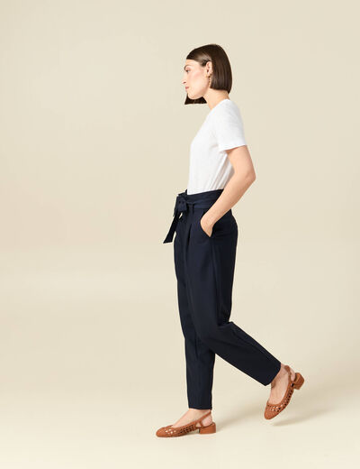 Pantalon carotte taille haute bleu marine femme