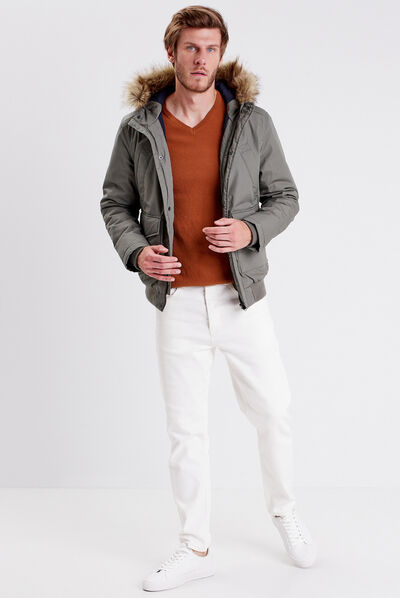 Blouson droit à capuche vert kaki homme