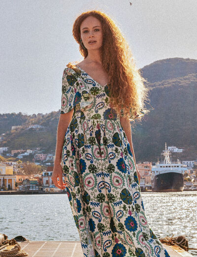 Robe col V manches courtes blanc femme