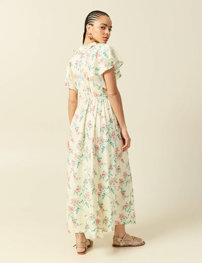 Robe longue &eacute;vas&eacute;e col v manches courtes jaune pastel femme