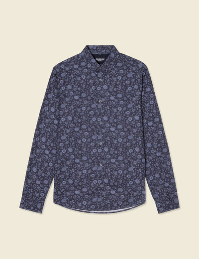 Chemise cintr&eacute;e en coton manches longues bleu marine homme
