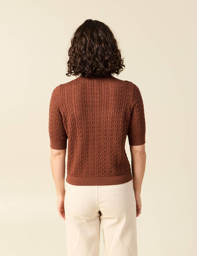 Polo col polo manches coude en coton marron fonc&eacute; femme