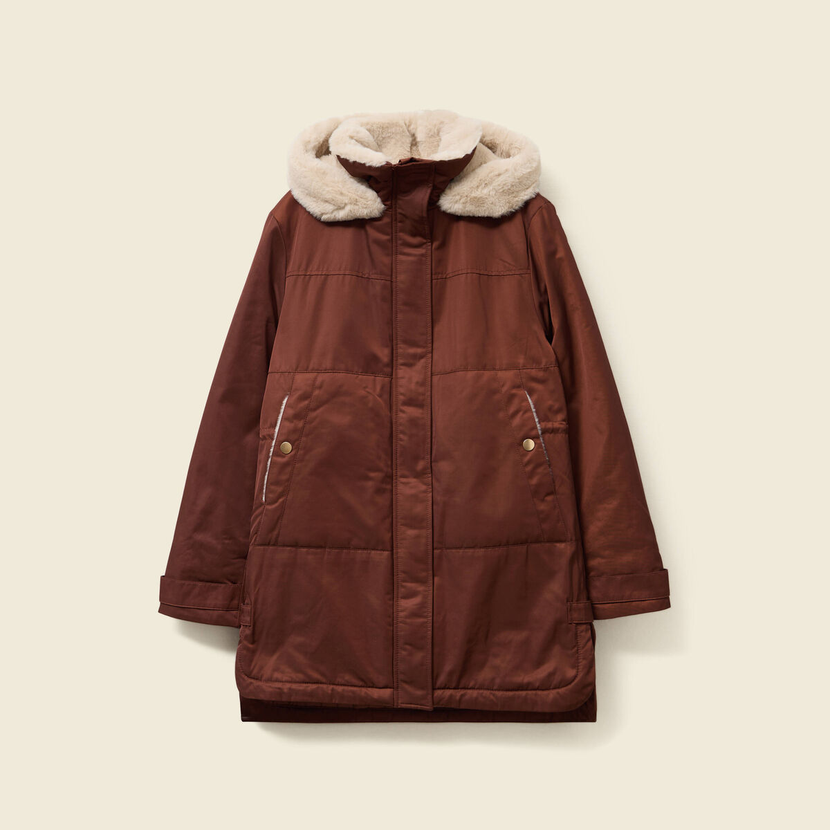Parka droite &agrave; capuche marron fonc&eacute; femme