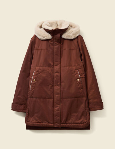 Parka droite &agrave; capuche marron fonc&eacute; femme