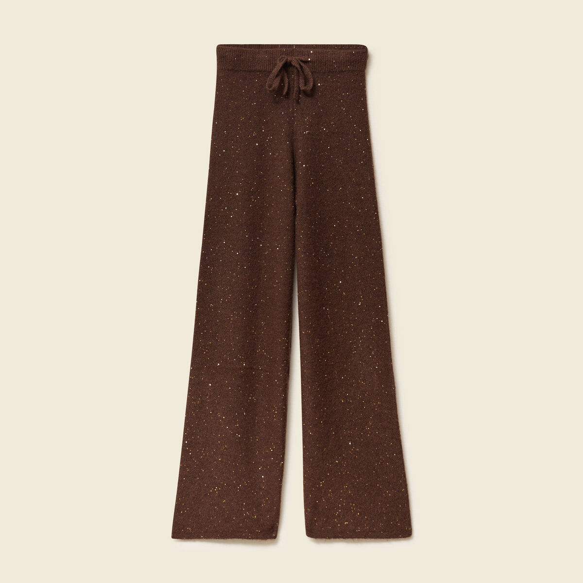 Pantalon large taille haute en maille marron fonc&eacute; femme