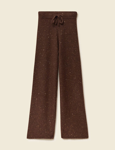 Pantalon large taille haute en maille marron fonc&eacute; femme