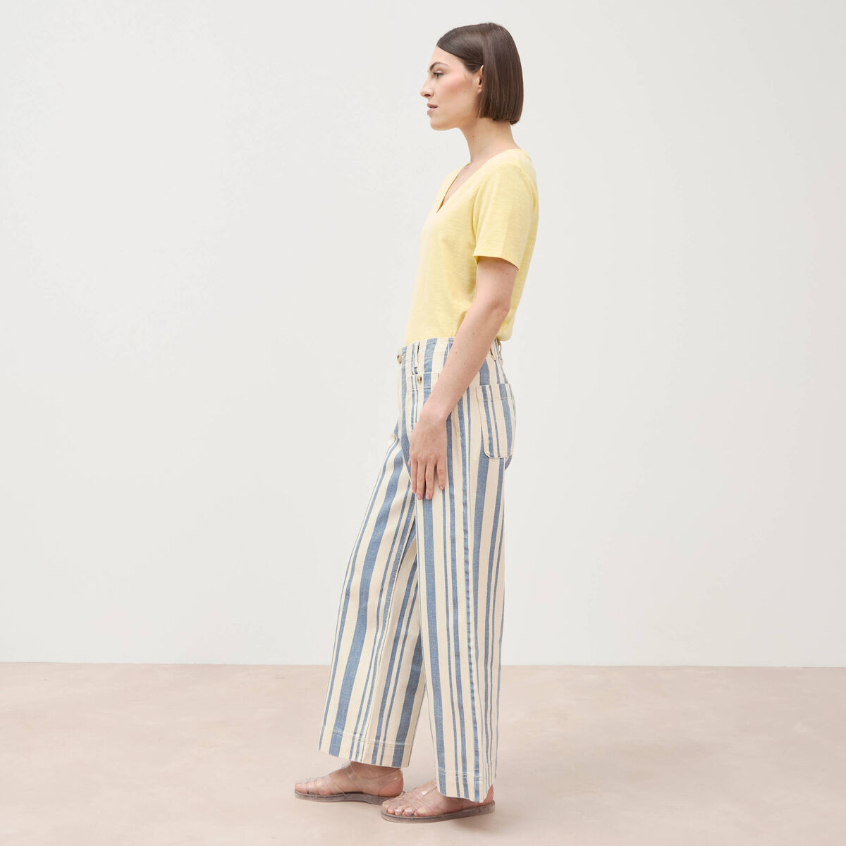 Jeans large cropped taille haute ray&eacute; bleu ciel femme