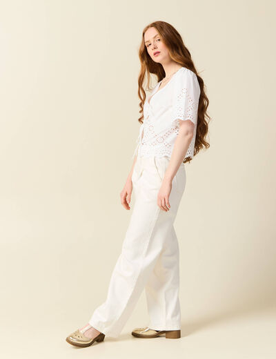 Blouse manches courtes brodée ecru femme