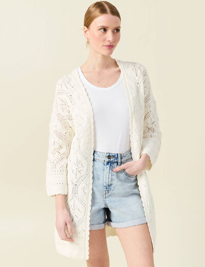 Gilet manches 3/4 ajouré ecru femme
