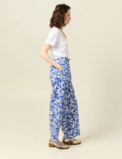Pantalon large taille haute bleu femme