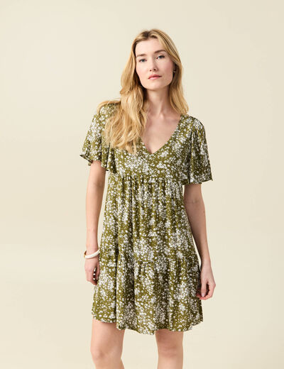 Robe évasée manches courtes vert olive femme