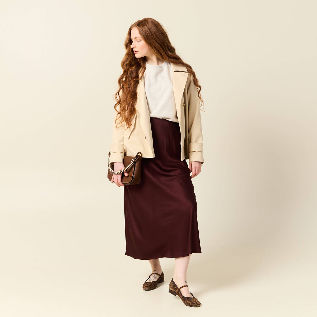Jupe longue droite satin bordeaux femme