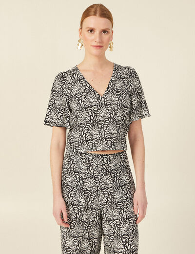 Blouse courte col v manches courtes noir femme