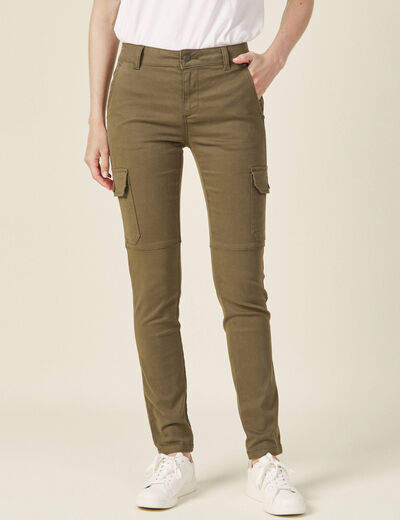 Pantalon slim poches cargo vert kaki femme