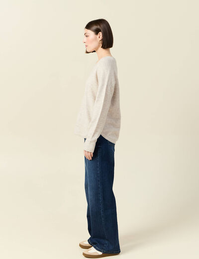 Pull manches longues col en V creme femme